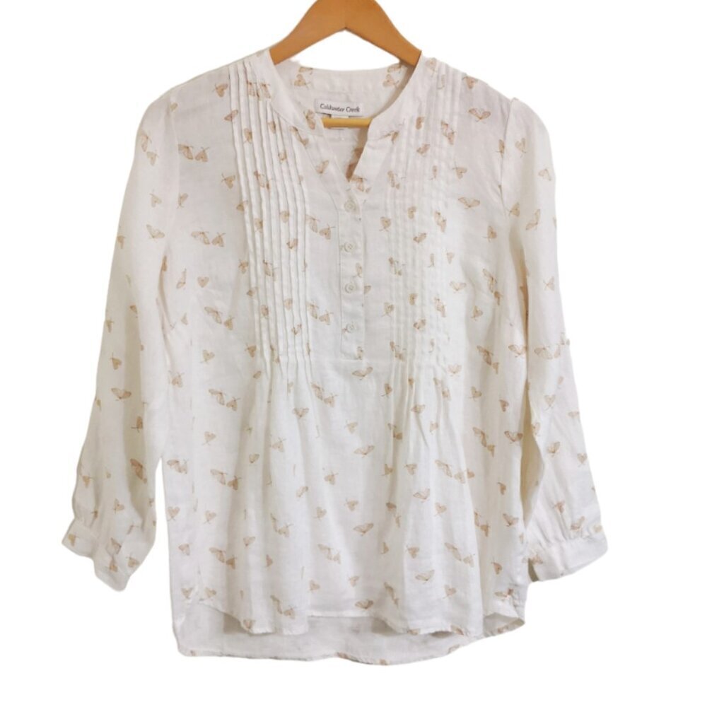 NWOT‎ Coldwater Creek 100% Linen Tucked Butterfly Print Blouse Size M Petite
